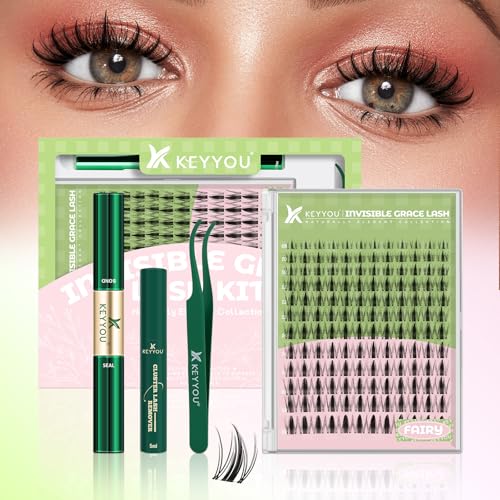 KEYYOU Fairy Lash Clusters Kit Manga Eyelash Extension Kit at Home 144pcs D Curl Wispy Natural Invisible Band Lash with Waterproof Lash Extensions Kit FairyD818MIX